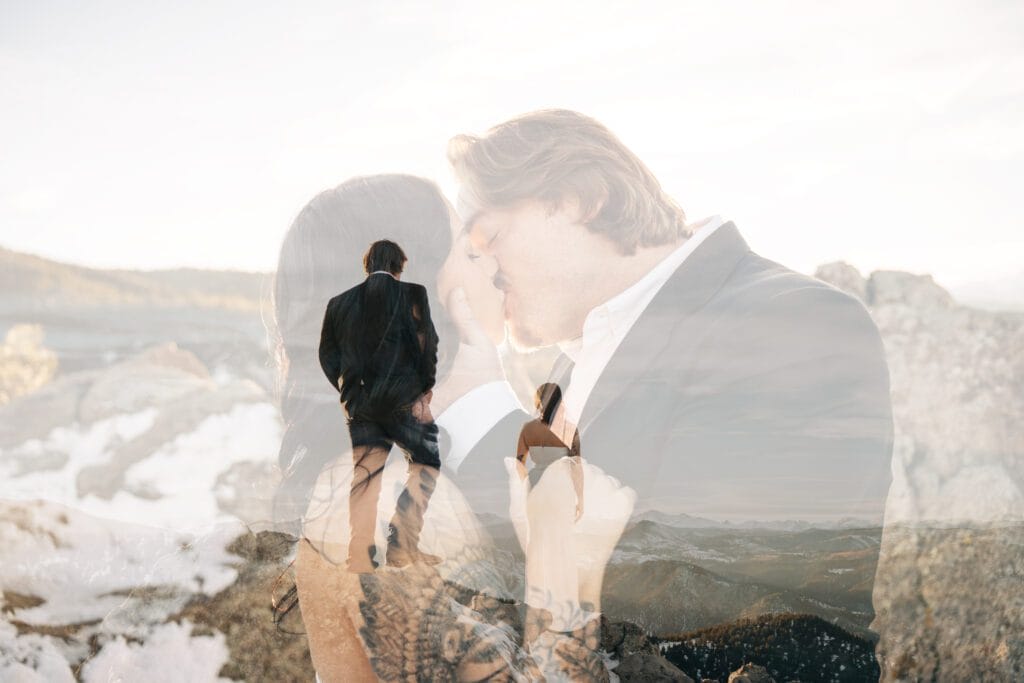 double exposure of bride and groom at Lost Gulch Overlook during their Boulder elopement