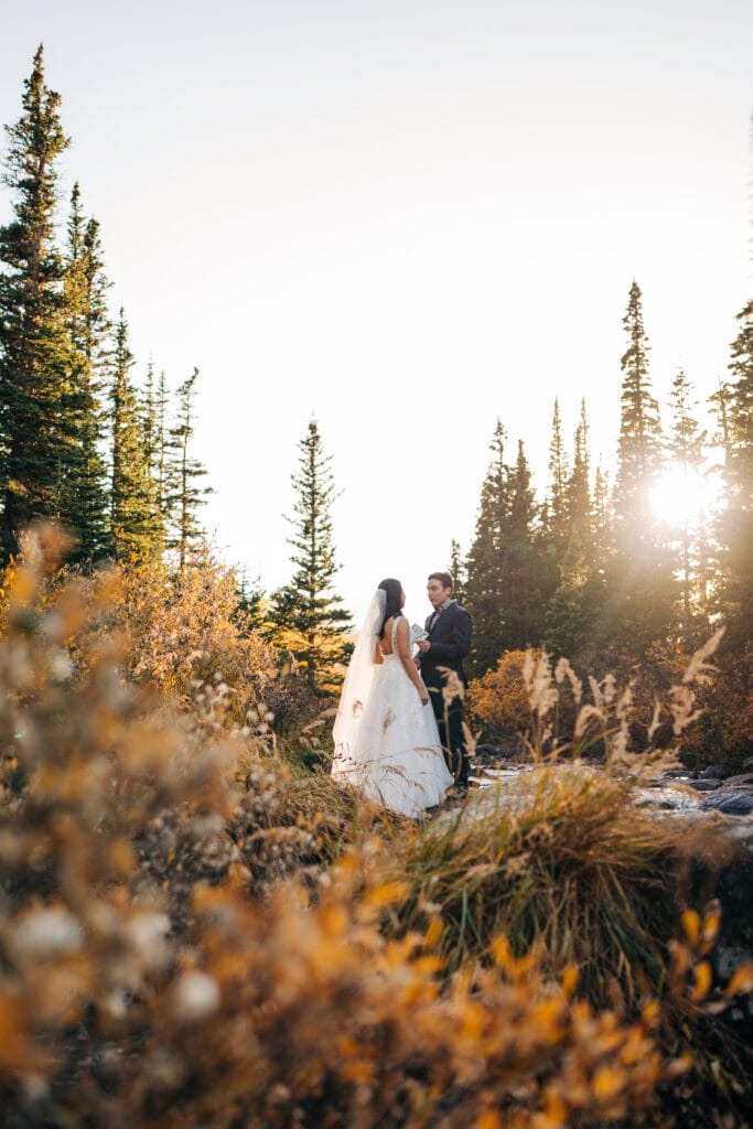 A bride and groom stand together in a forest clearing at sunset, surrounded by tall pine trees and golden autumn foliage, sharing a moment on their wedding day.