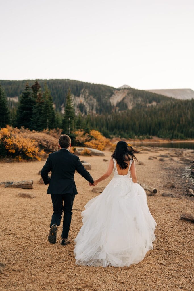 A bride in a flowing white gown and a groom in a dark suit hold hands as they walk on a rocky lakeshore, surrounded by pine trees and mountains under a clear sky.