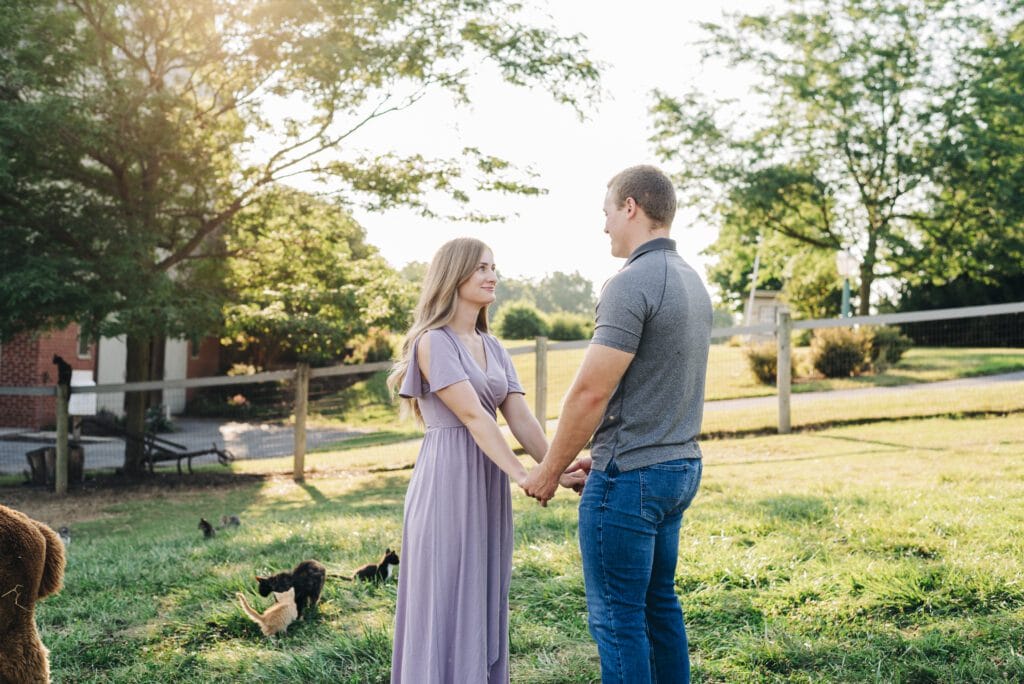 cute couple holding hands and looking at eachother during sunset on an alpaca ranch while kittens play in the background