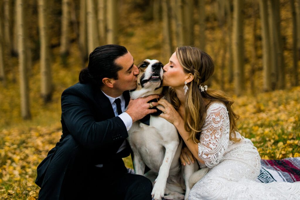 A bride and groom in wedding attire sit outdoors in a forest, both kissing their happy dog on the head while surrounded by autumn leaves.