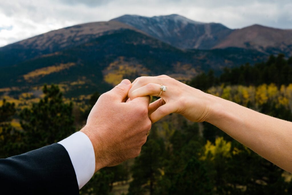 A close-up of two people holding hands, one wearing a suit and the other with a ring, with mountains and trees in the blurred background.