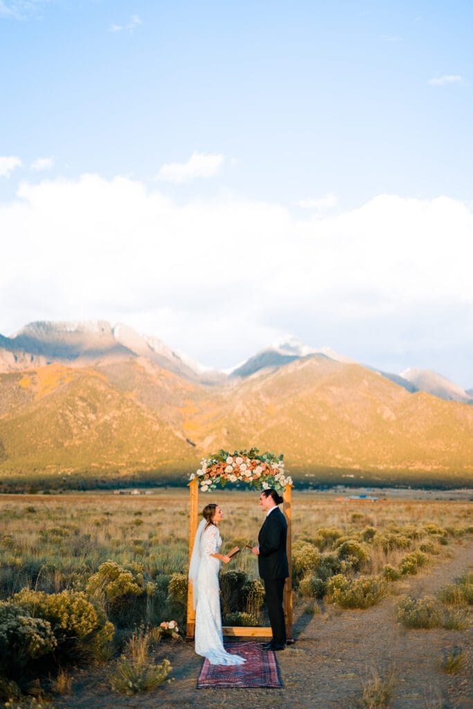 A bride and groom stand facing each other under a flower-adorned wooden arch in a scenic field with mountains in the background, exchanging vows at an outdoor wedding ceremony.