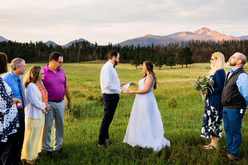 A bride and groom stand holding hands in a grassy field, surrounded by family and friends. Mountains and trees are visible in the background under a partly cloudy sky.