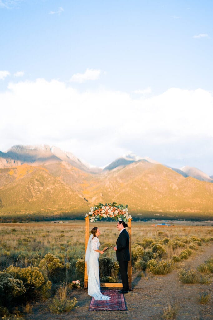 A bride and groom stand facing each other under a floral archway in a grassy field, with tall mountains and a blue sky in the background.
